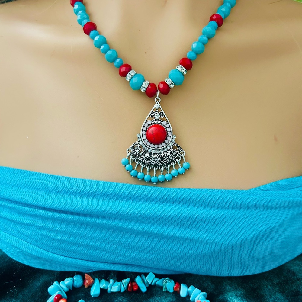 Designs by Gracie Turquoise and Red Beaded Necklace Bracelet set